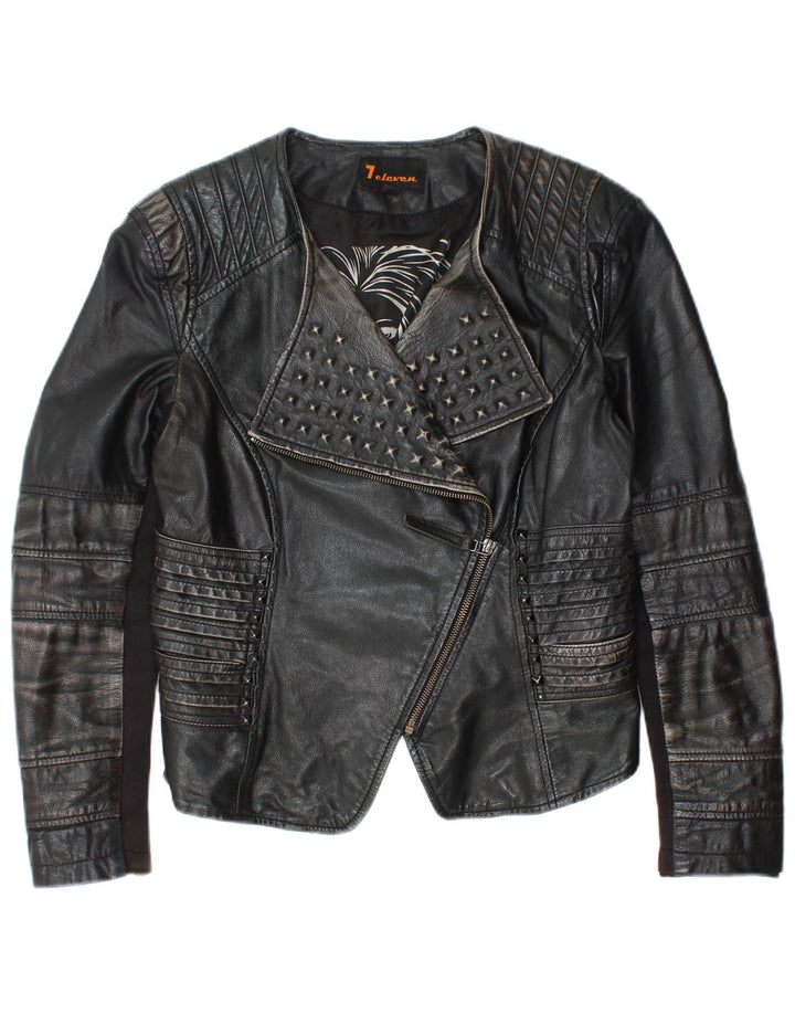 Vintage ženska crna kožna biciklistička jakna IT 40 mala crna koža