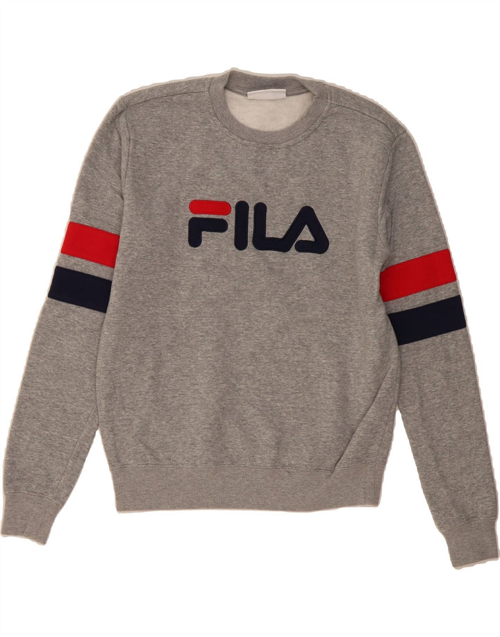 FILA Mens Graphic Sweatshirt Jumper Small Grey Cotton Vintage Fila and Second-Hand Fila from Messina Hembry 