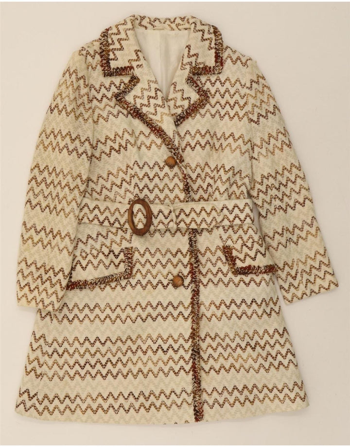 VINTAGE Womens Overcoat UK 14 Medium Beige Chevron Vintage Vintage and Second-Hand Vintage from Messina Hembry 