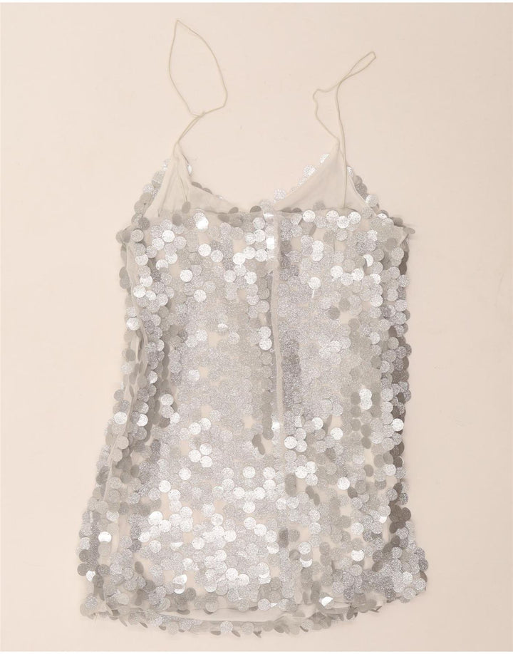 Vintage ženski Cami Top UK 12 srednje srebrni poliester