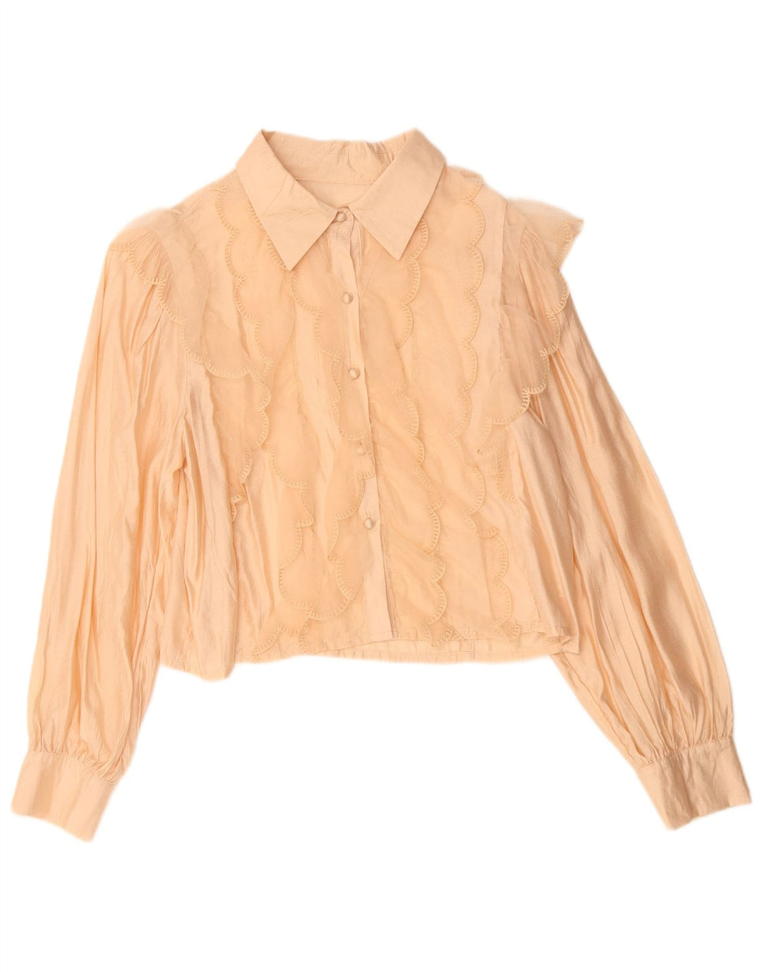 Vintage ženska bluza košulje s volanima sprijeda UK 14 srednje bež viskoza