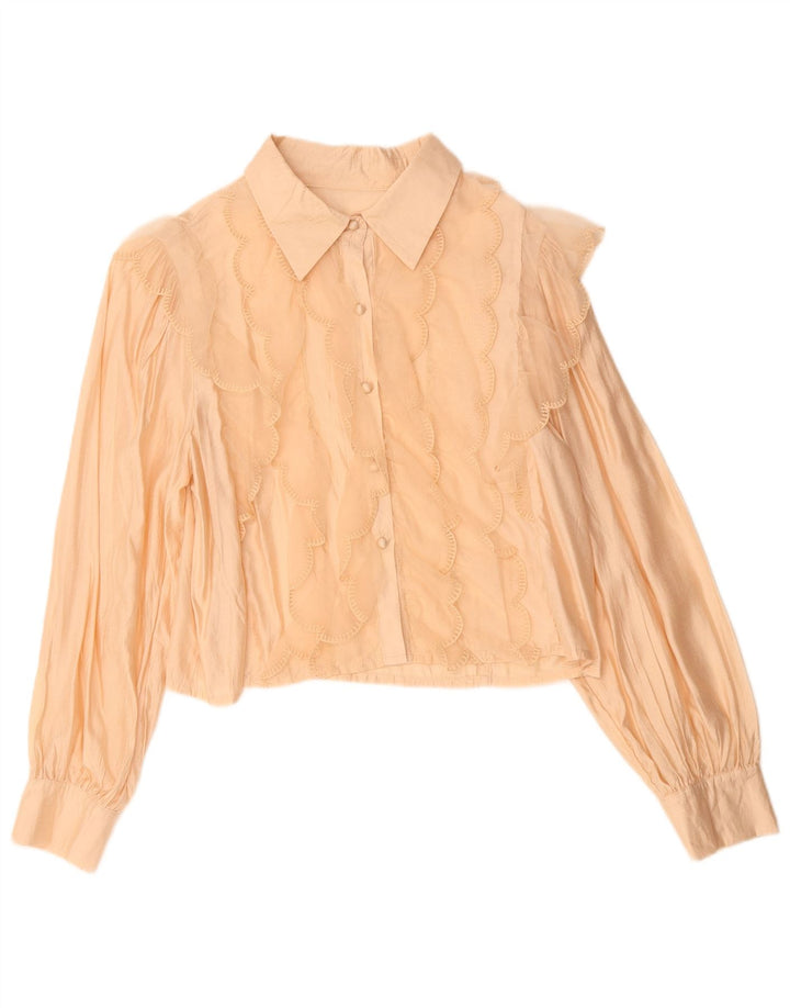 Vintage ženska bluza košulje s volanima sprijeda UK 14 srednje bež viskoza