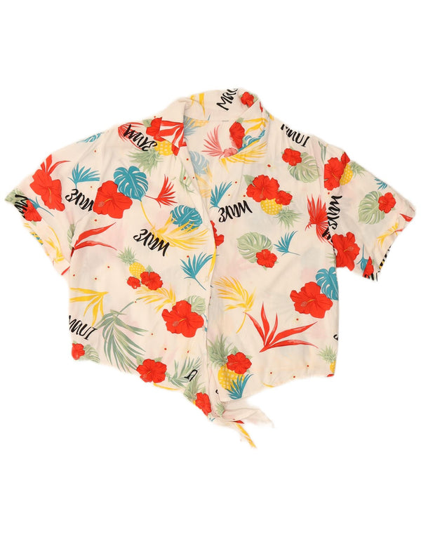 VINTAGE Ženska skraćena košulja s prednjom kravatom UK 16 Veliki bijeli cvjetni