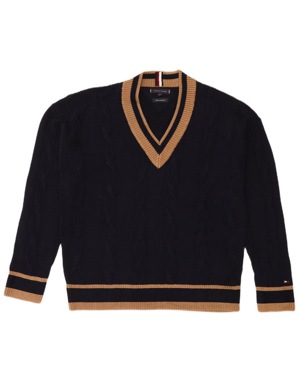 Tommy Hilfiger muški džemper s V-izrezom Srednji tamnoplavi prugasti pamuk