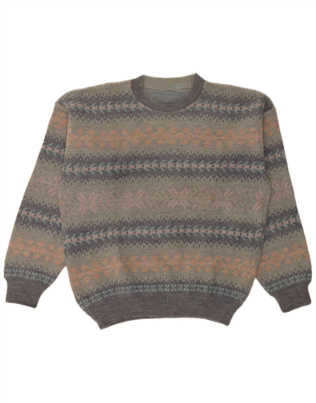 Vintage muški džemper s okruglim izrezom, veliki sivi vuneni vuneni vuneni stil