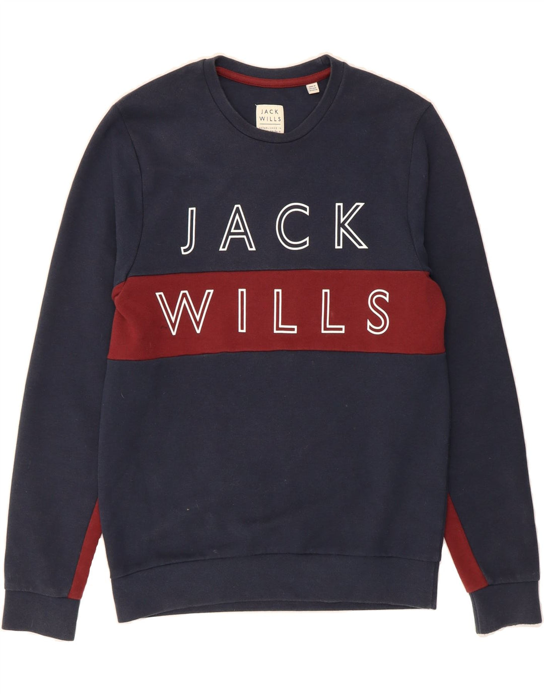 JACK WILLS Mens Graphic Sweatshirt Jumper Small Navy Blue Colourblock Vintage Jack Wills and Second-Hand Jack Wills from Messina Hembry 