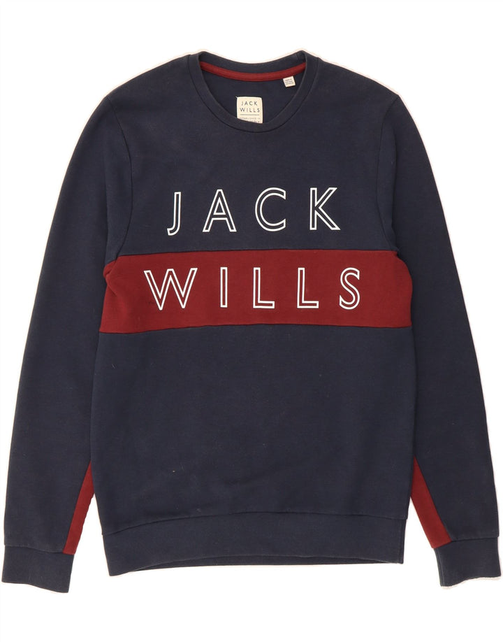JACK WILLS Mens Graphic Sweatshirt Jumper Small Navy Blue Colourblock Vintage Jack Wills and Second-Hand Jack Wills from Messina Hembry 