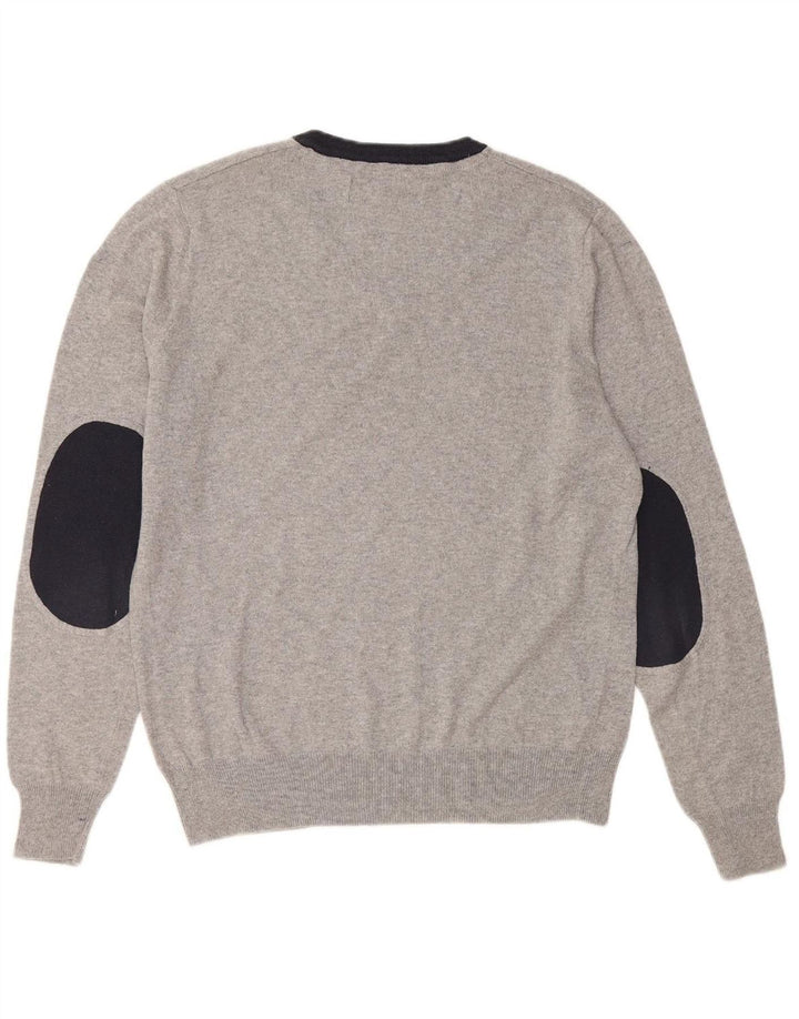 REFRIGUE Mens V-Neck Jumper Sweater Medium Grey Colourblock Cotton