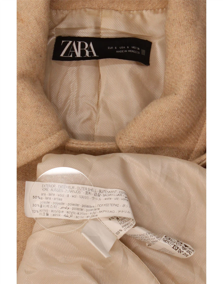 Zara ženski kaput s dvorednim kopčanjem UK 10 Small Beige Riblja kost vuna