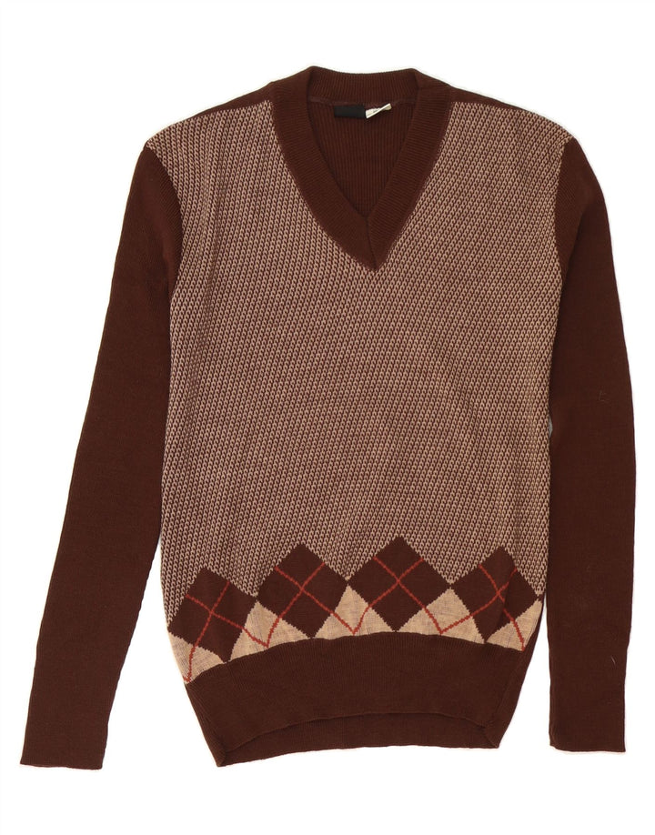 ENGBERS Mens V-Neck Jumper Sweater IT 54 XL Brown Argyle/Diamond Vintage Engbers and Second-Hand Engbers from Messina Hembry 