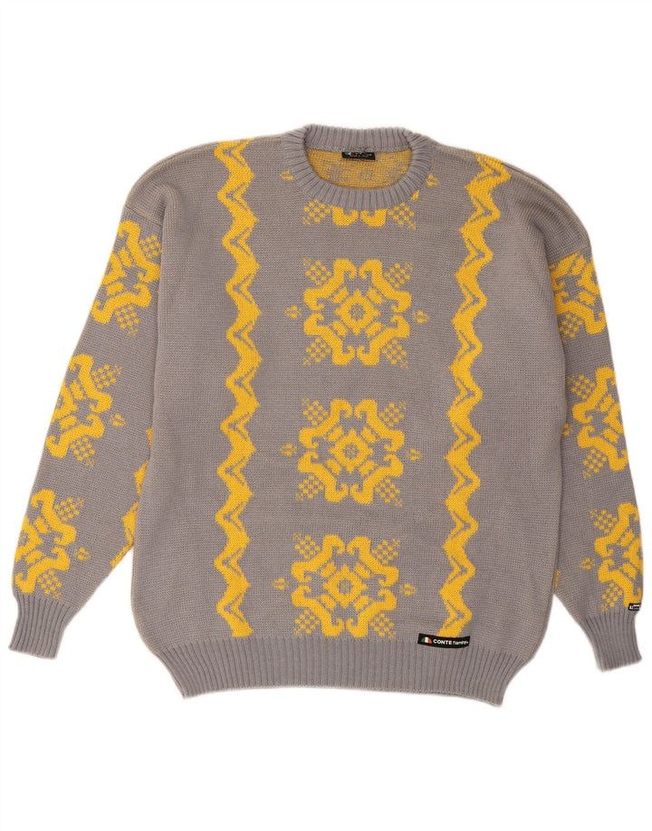 VINTAGE Mens Crew Neck Jumper Sweater Medium Grey Fair Isle Wool