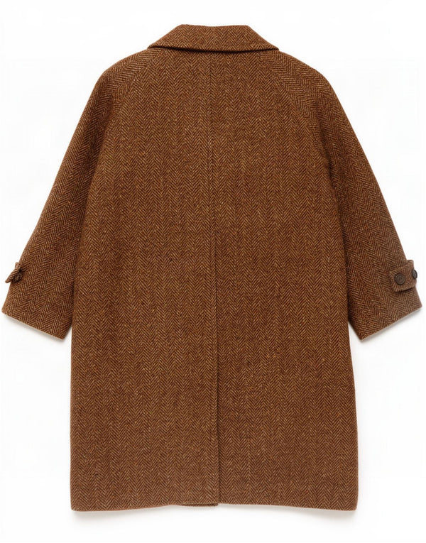 Vintage Womens 4 Button Overcoat UK 16 Large Brown Herringbone Wool
