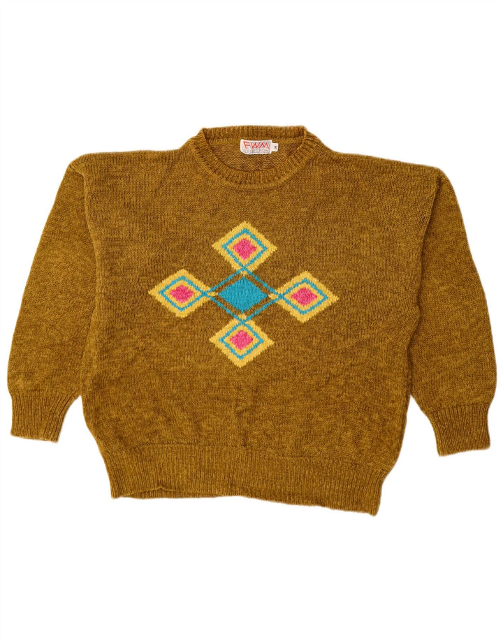 VINTAGE ženski džemper s okruglim izrezom UK 14 Srednji kaki Argyle/Diamond