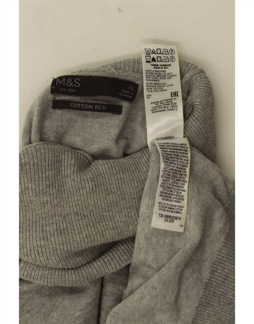 Marks & Spencer Mens Roll Neck Jumper Sweater XL Grey Cotton