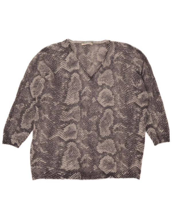Marks & Spencer ženski džemper s V-izrezom UK 22 2XL sivi životinjski print