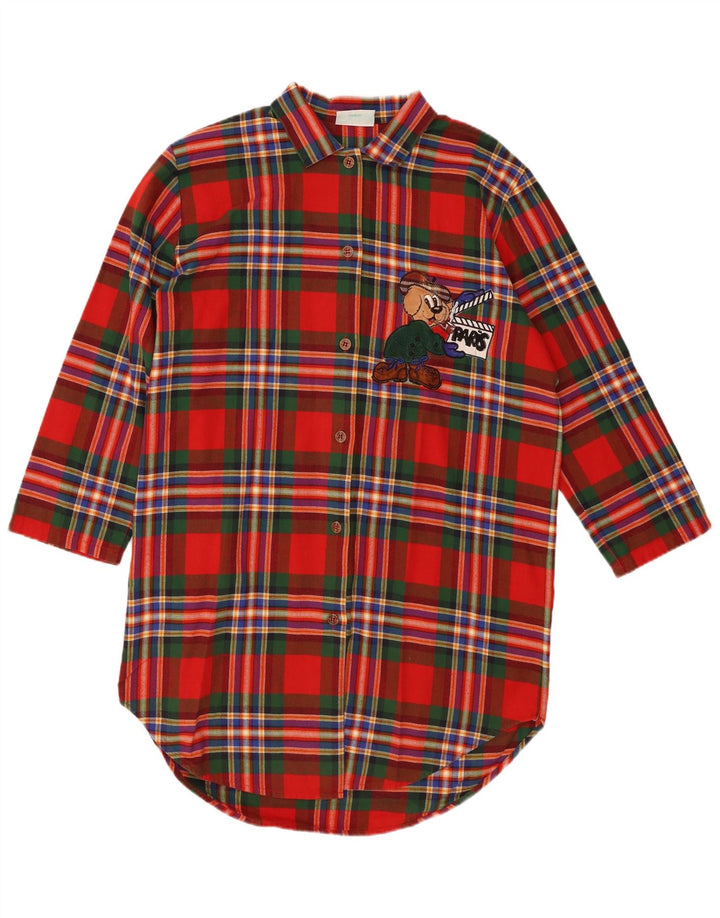 VINTAGE Ženska prevelika grafička košulja haljina UK 14 Srednje crvena karirana