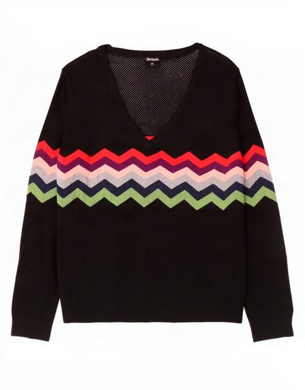 Desigual Womens V-Neck Jumper Sweater UK 18 XL Black Chevron Viscose