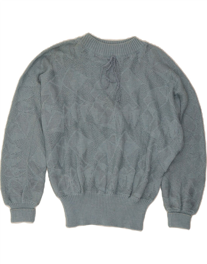 VINTAGE Womens Abstract Pattern Boat Neck Jumper Sweater UK 14 Large Blue Vintage Vintage and Second-Hand Vintage from Messina Hembry 
