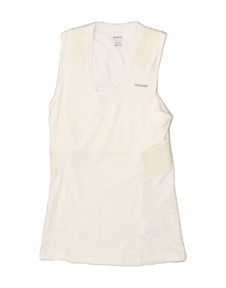 REEBOK Womens Graphic Vest Top UK 12 Medium White Polyester | Vintage Reebok | Thrift | Second-Hand Reebok | Used Clothing | Messina Hembry 