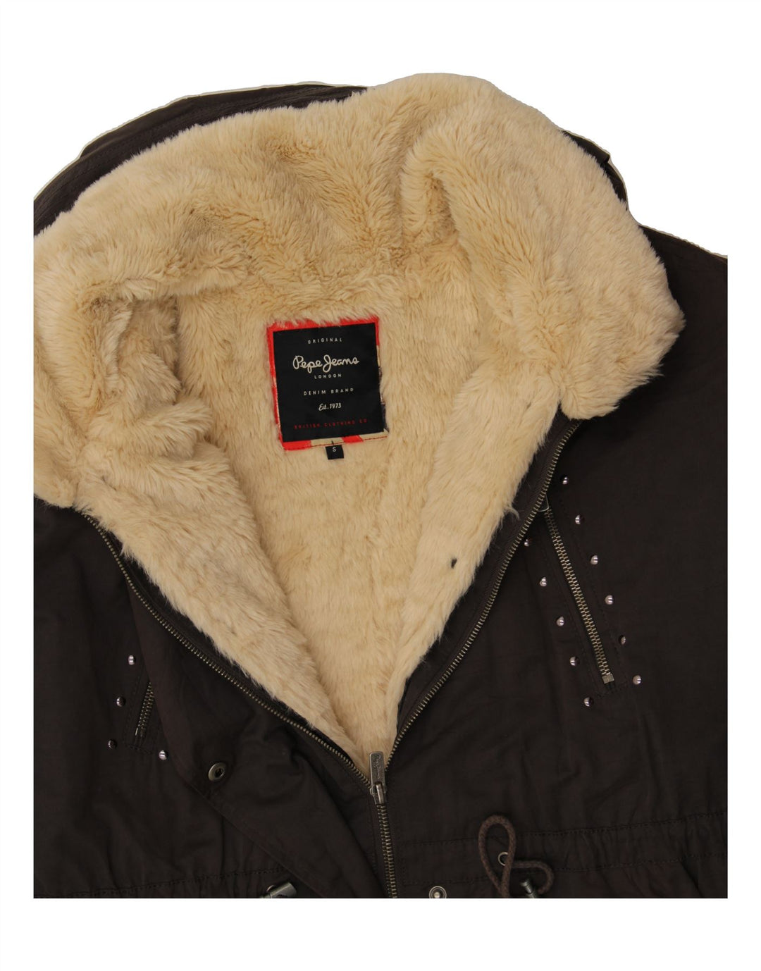 PEPE JEANS Womens Graphic Hooded Parka Jacket UK 10 Small Brown Polyester Vintage PEPE Jeans and Second-Hand PEPE Jeans from Messina Hembry 