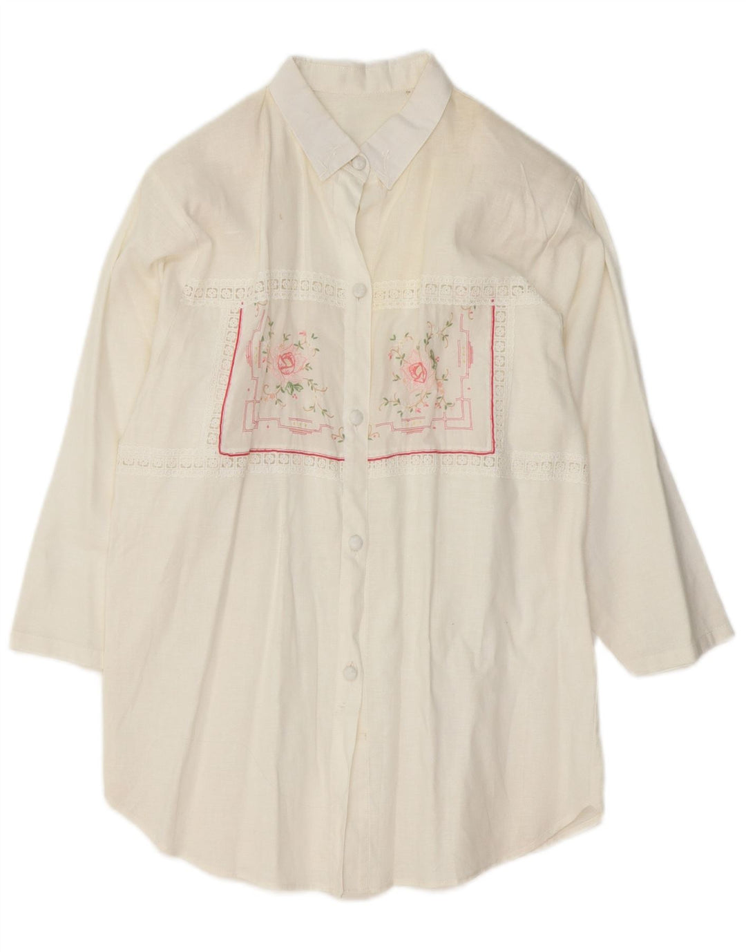 VINTAGE Ženska košulja bluza 3/4 rukava UK 14 Srednje bijela cvjetna