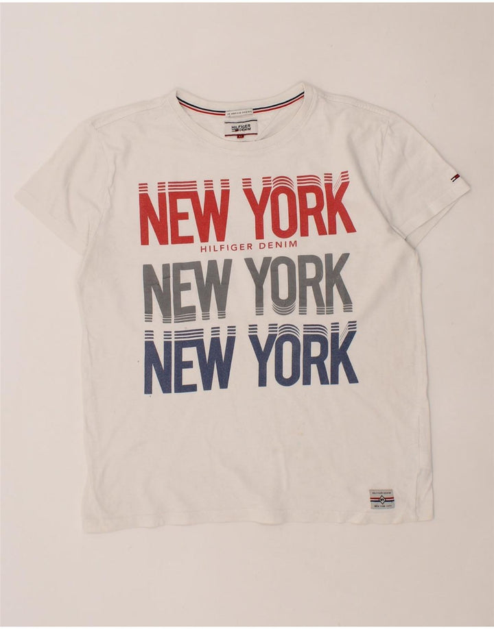 TOMMY HILFIGER Mens Graphic T-Shirt Top Medium White Cotton Vintage Tommy Hilfiger and Second-Hand Tommy Hilfiger from Messina Hembry 