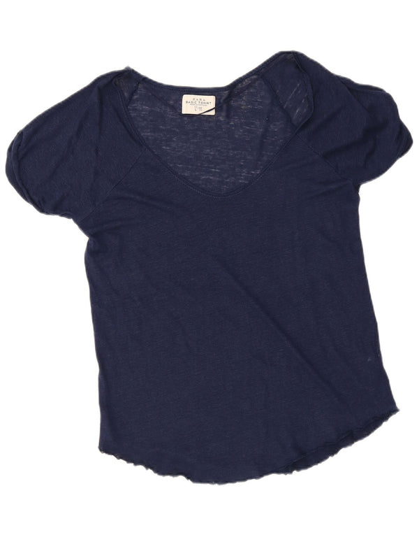 Zara ženska majica kratkih rukava UK 16 Large Tavy Blue Linen