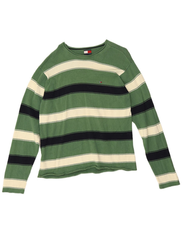Tommy Hilfiger Mens Boat Neck Jumper Sweater Medium Green Striped Cotton