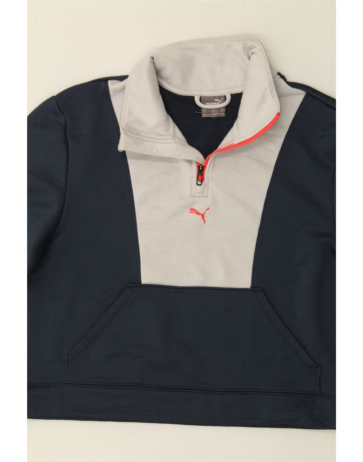 PUMA Womens Graphic Sweatshirt Jumper UK 14 Medium Navy Blue Colourblock Vintage Puma and Second-Hand Puma from Messina Hembry 