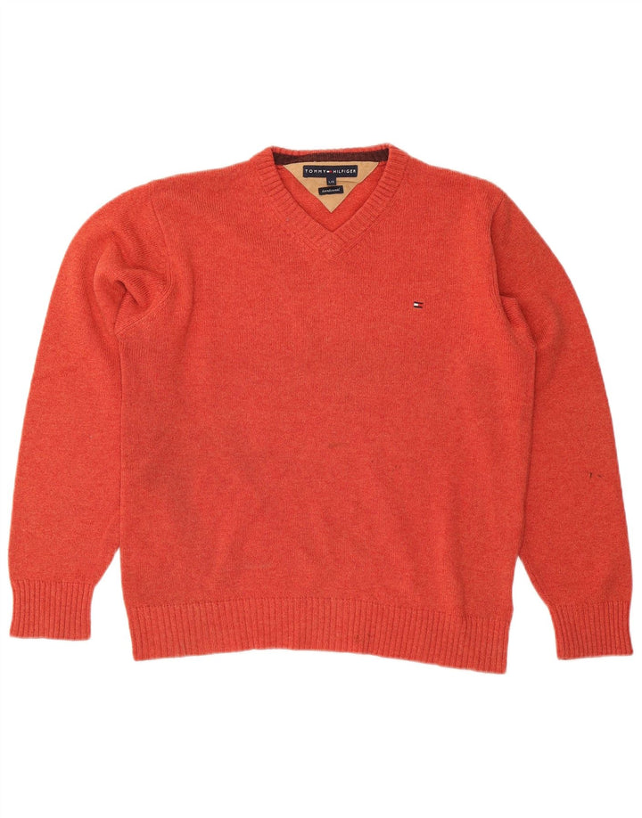 TOMMY HILFIGER Mens V-Neck Jumper Sweater Large Orange Lambswool