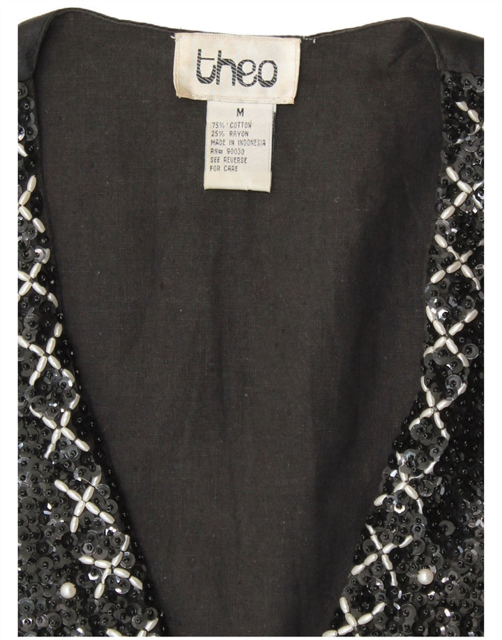 VINTAGE ženski prsluk sa šljokicama UK 14 Srednje crni pamuk 80-ih