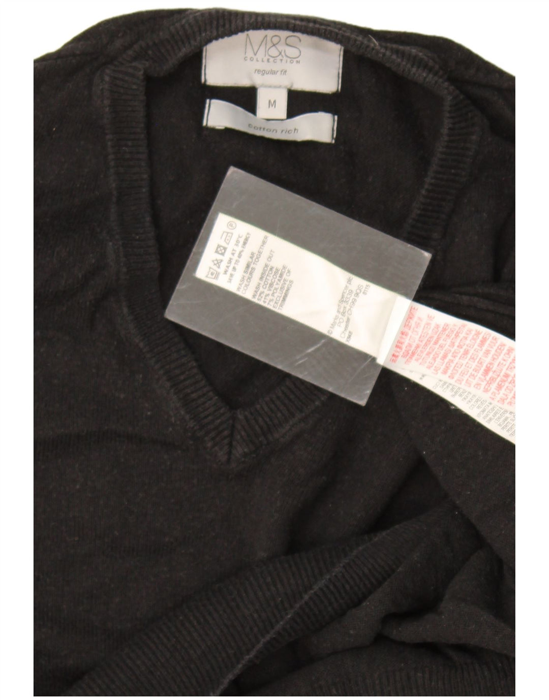 Marks & Spencer Mens Regular Fit V-Neck Jumper Sweater Medium Black Cotton