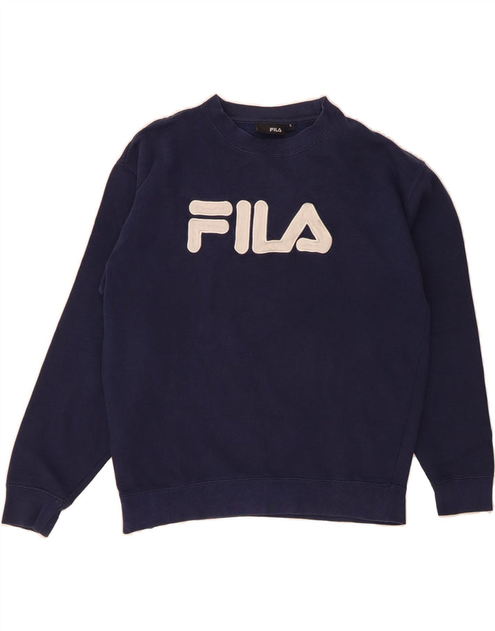 FILA Mens Graphic Sweatshirt Jumper Small Navy Blue Cotton Vintage Fila and Second-Hand Fila from Messina Hembry 