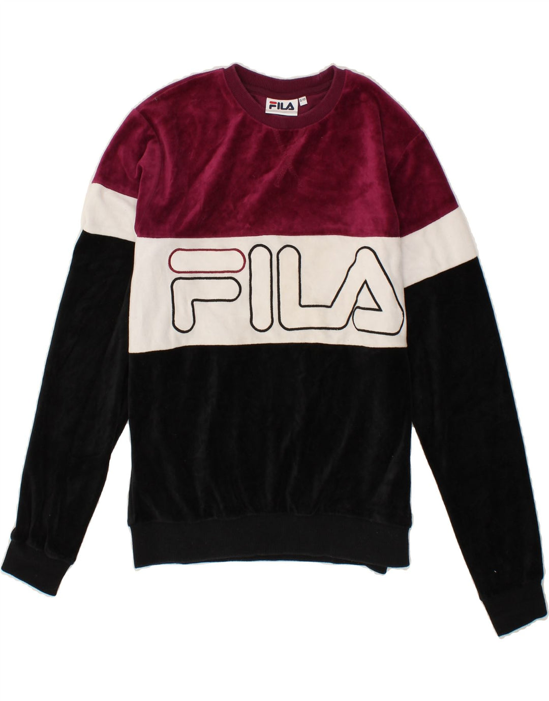 FILA Womens Velour Sweatshirt Jumper UK 10 Small Multicoloured Colourblock Vintage Fila and Second-Hand Fila from Messina Hembry 