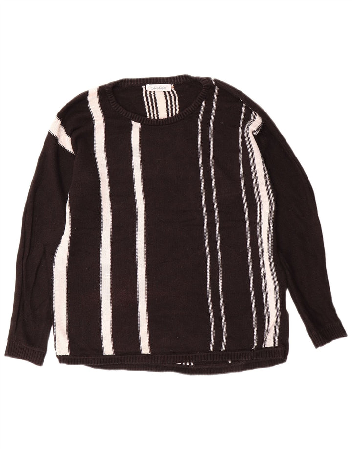 CALVIN KLEIN Muški džemper s veznim izrezom srednje veličine, pamuk na crne pruge