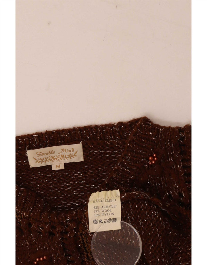 Vintage ženski džemper s okruglim izrezom UK 14 srednje smeđi patchwork