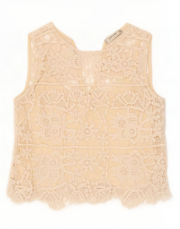 Zara ženska vrhunska čipkasta bluza bez rukava UK 4 XS bež cvjetni pamuk