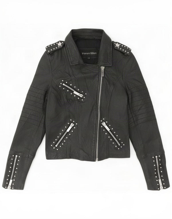 Transmission Womens Leather Biker Jacket UK 12 Medium Black