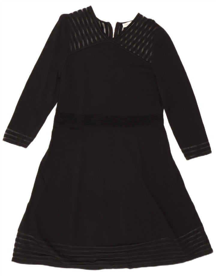 CALVIN KLEIN Ženska haljina A-kroja dugih rukava UK 18 XL Crna prugasta svila