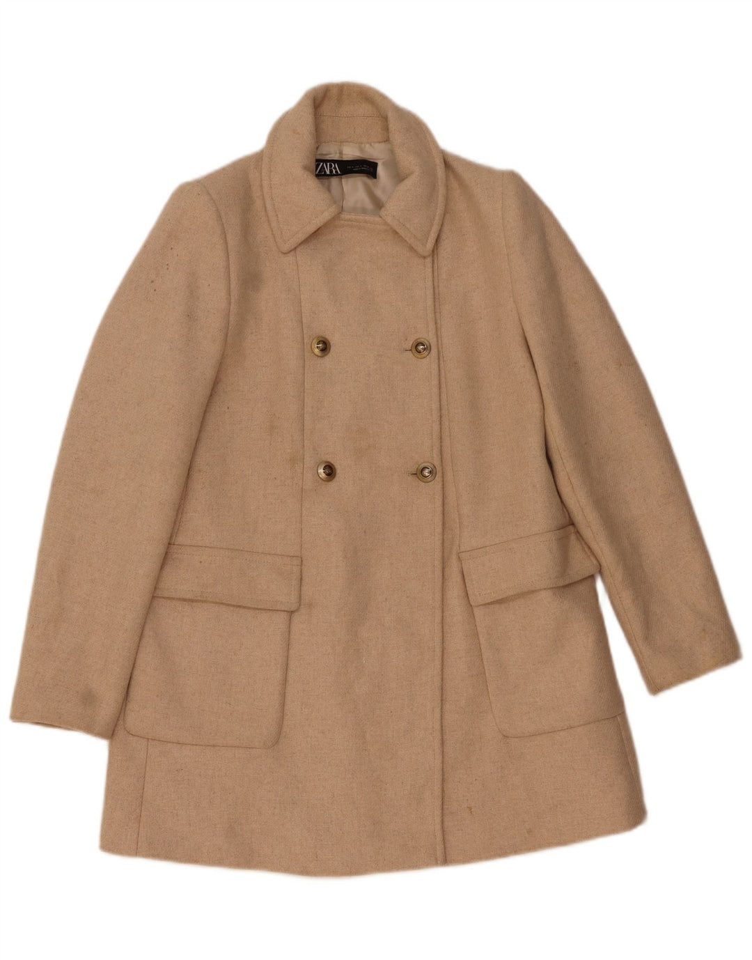 Zara ženski kaput s dvorednim kopčanjem UK 10 Small Beige Riblja kost vuna