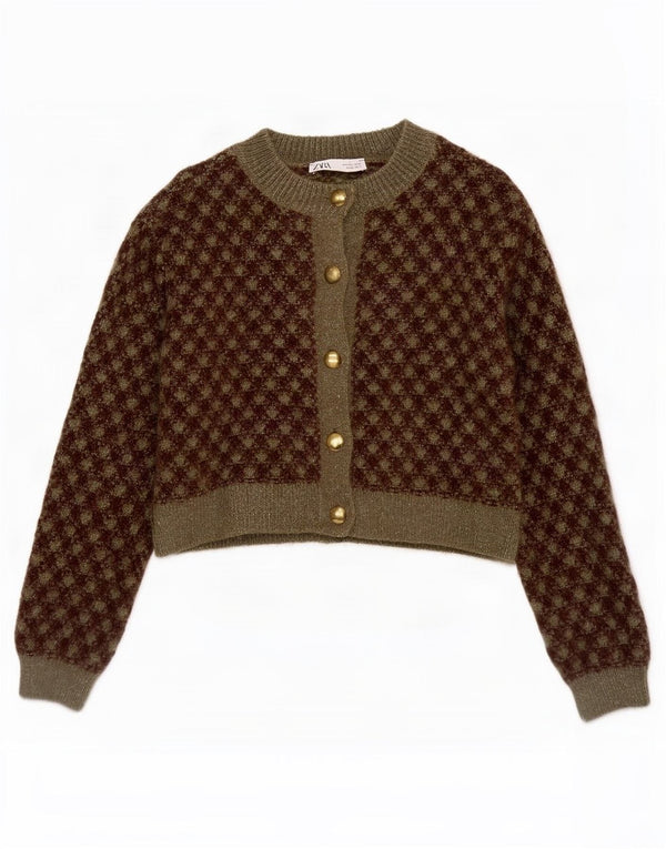 Zara ženski kratki kardigan pulover UK 10 Mali kaki geometrijski akril