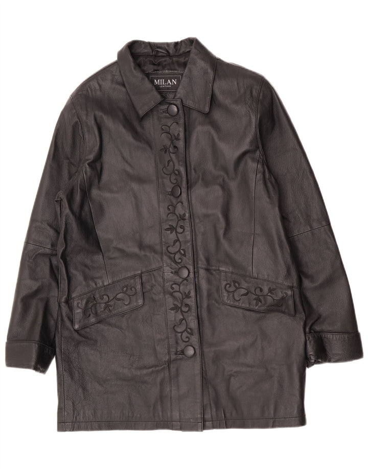 Vintage ženski kožni kaput US 12 Veliki crni kožni cvjetni kaput