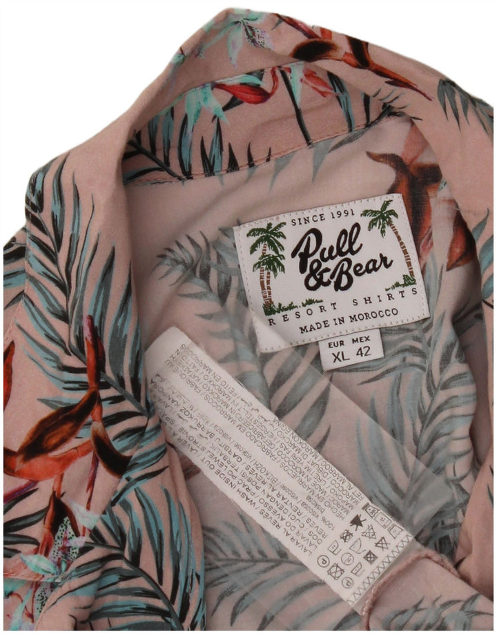PULL & BEAR Muška košulja kratkih rukava XL, havajska ružičasta cvjetna viskoza