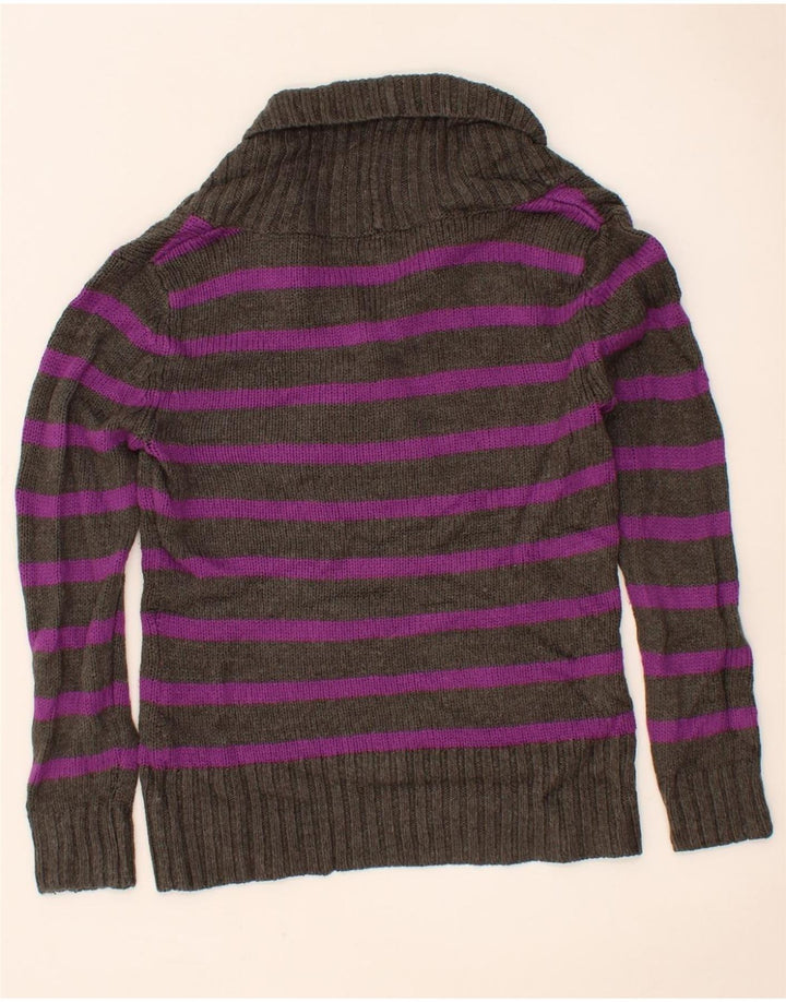 EDDIE BAUER Womens Shawl Neck Jumper Sweater UK 14 Medium Grey Striped Vintage Eddie Bauer and Second-Hand Eddie Bauer from Messina Hembry 