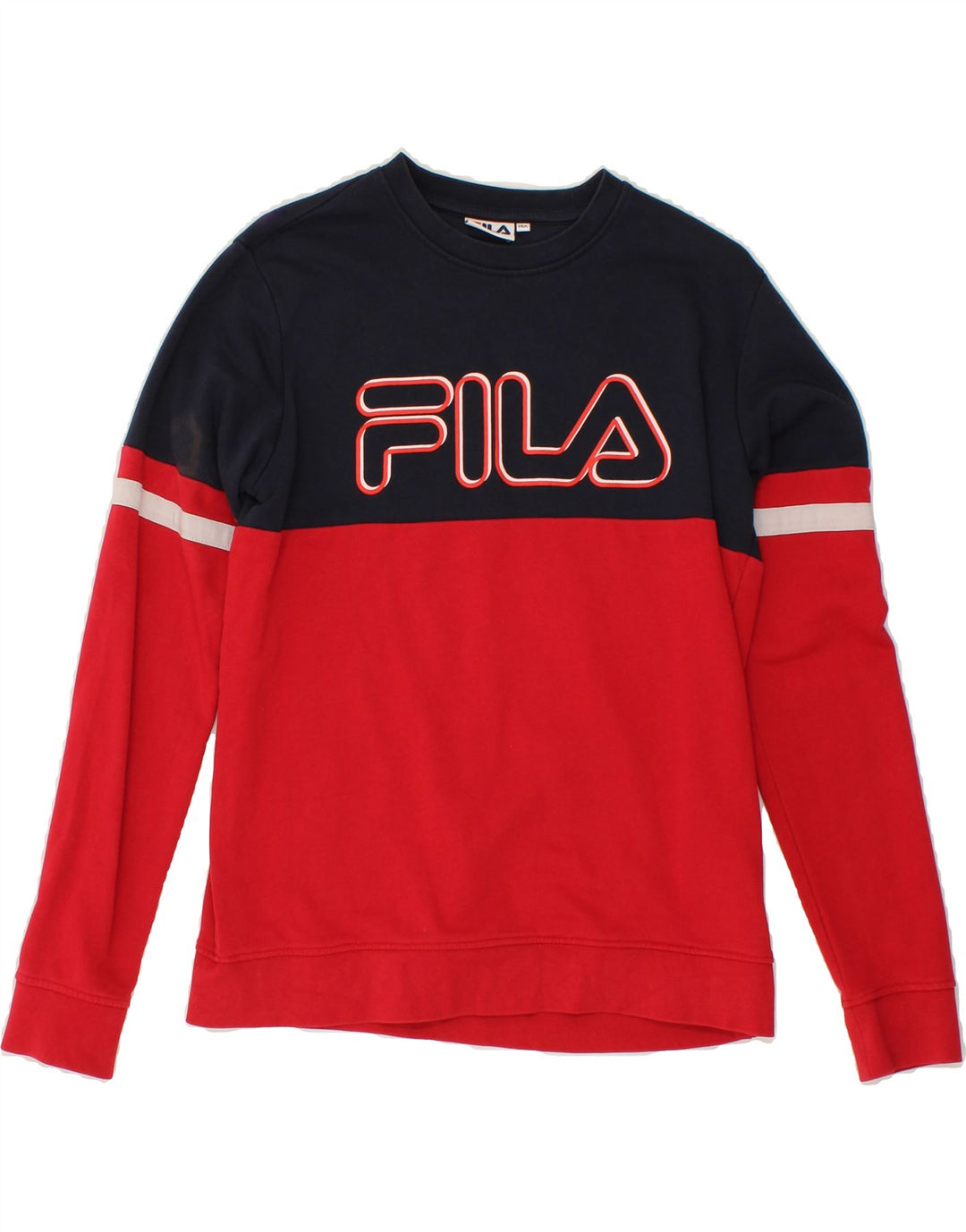 FILA Boys Graphic Sweatshirt Jumper 13-14 Years Red Colourblock Vintage Fila and Second-Hand Fila from Messina Hembry 