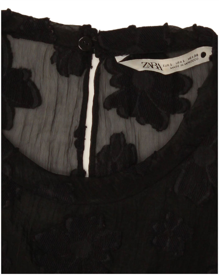 Zara Womens See Through Top UK 16 Large Black Floral