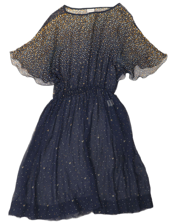 VINTAGE ženska maksi haljina s krilom šišmiša UK 18 XL mornarsko plava točkasta acetat