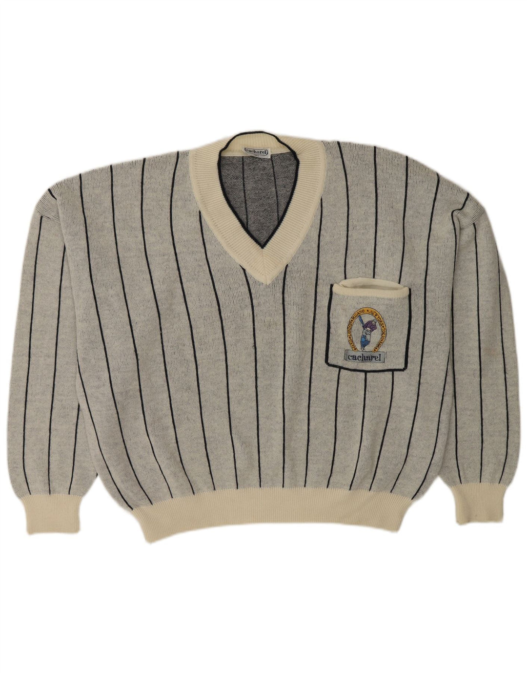 Cacharel ženski džemper s V-izrezom UK 18 XL vuneni sivi prugasti