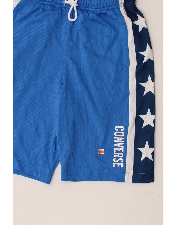 CONVERSE Boys Graphic Sport Shorts 10-11 Years Medium Blue Colourblock Vintage Converse and Second-Hand Converse from Messina Hembry 