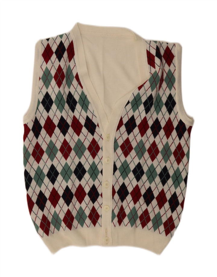 Vintage muški kardigan pulover bez rukava Veliki bijeli Argyle/Diamond